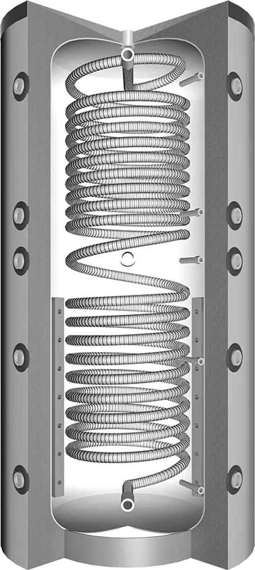 Vertikaler Hygienespeicher mit spiralgewickeltem Rohr im Inneren, hergestellt von Juratherm, zur Wassererwärmung in einem geschützten Gehäuse.